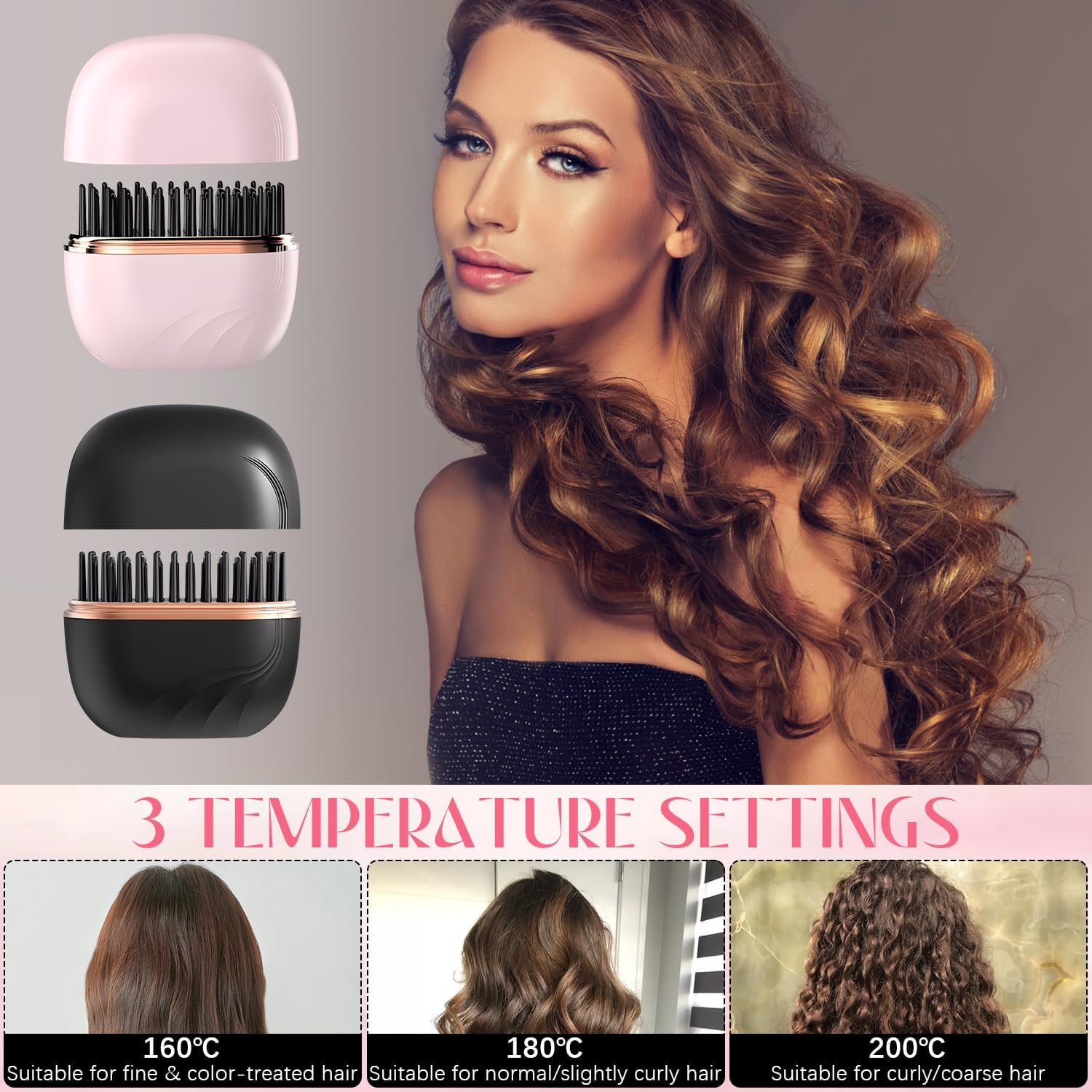 Portable Mini Hair Straightener Brush – Cordless, Rechargeable, 3 Temperature Levels